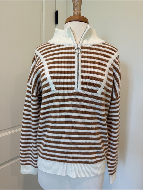 faith and co boutique Sweaters - Striped Half-Zip Pullover Sweater in Brown and White